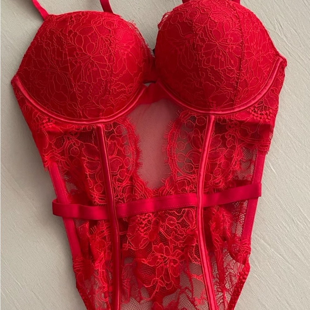 Victoria's Secret Red Lace Bra Bodysuit with Push Up Bra
